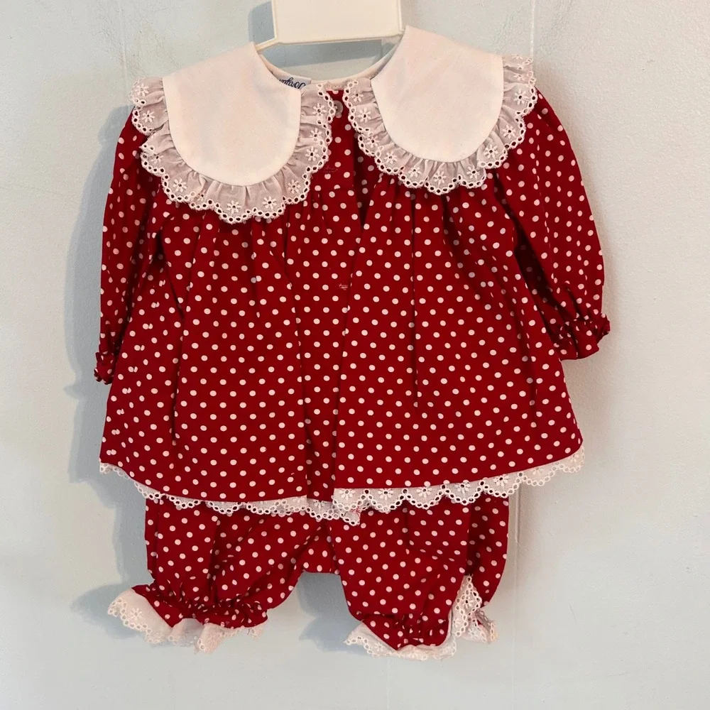 Bryan Vintage Baby Girls Red Polka Dot Christmas Outfit Set 3-6 Months USA Made